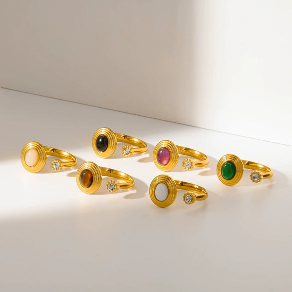 Light Luxury Geometric Natural Stone Stainless Steel And Titanium Steel Pvd Furnace Vacuum Real Gold Plated Ring For Women