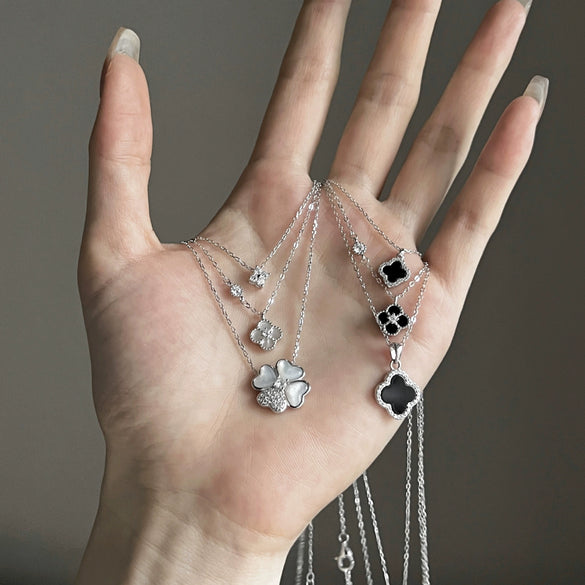 Light Luxury Geometric 925 Silver Necklace With Flower Four Leaf Clover Fritillary Agate Zircon For Women