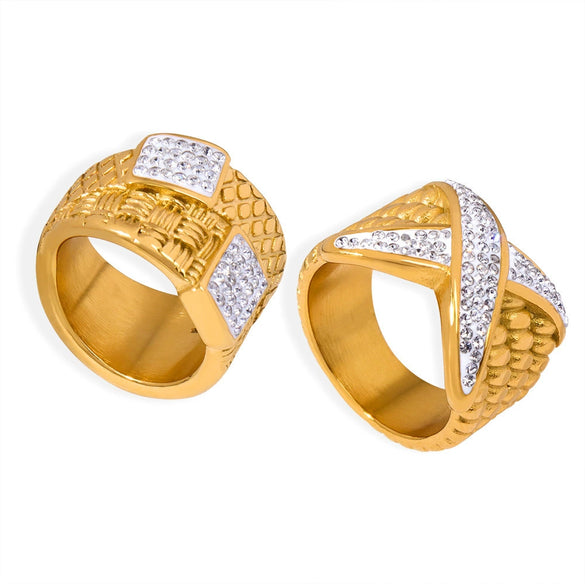 Light Luxury Geometric Wide Couple's Titanium Steel Diamond Ring With Electroplating Jewelry