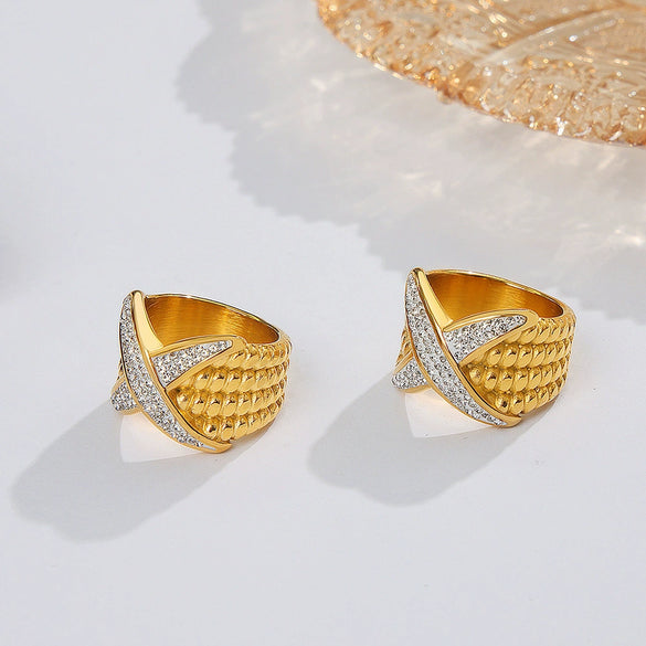Light Luxury Geometric Wide Couple's Titanium Steel Diamond Ring With Electroplating Jewelry
