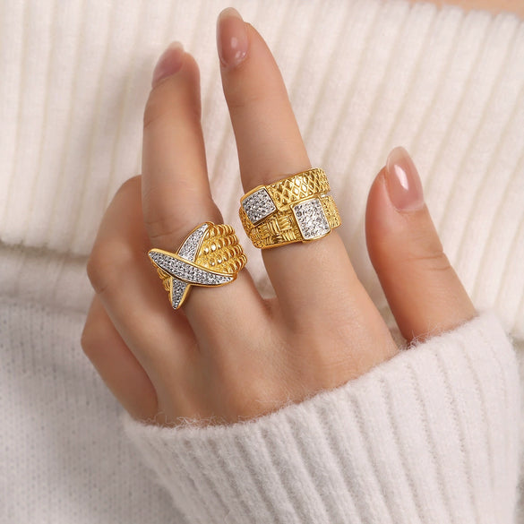 Light Luxury Geometric Wide Couple's Titanium Steel Diamond Ring With Electroplating Jewelry