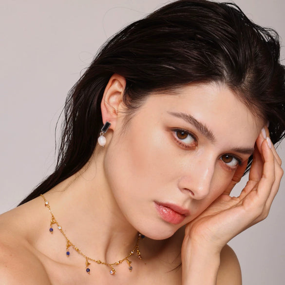 Light Luxury Geometric Zircon Freshwater Pearl Earrings With Electroplating