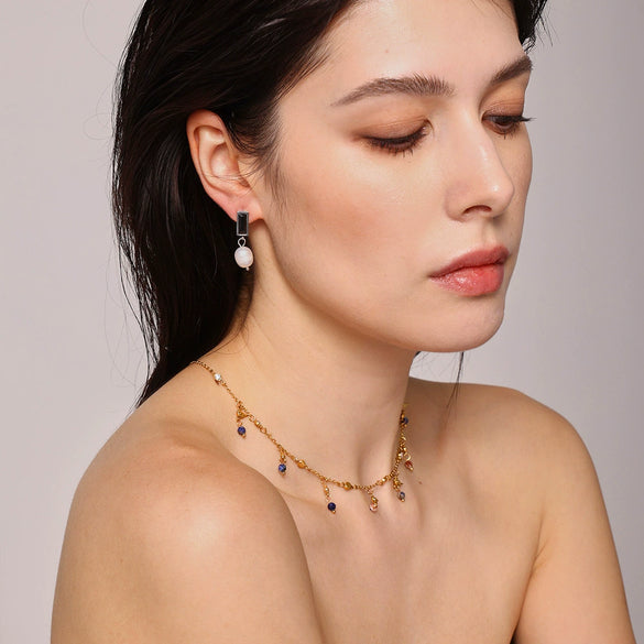 Light Luxury Geometric Zircon Freshwater Pearl Earrings With Electroplating