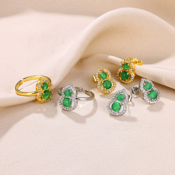 Light Luxury Green Gem Gourd Open Ring For Women Stainless Steel Electroplated
