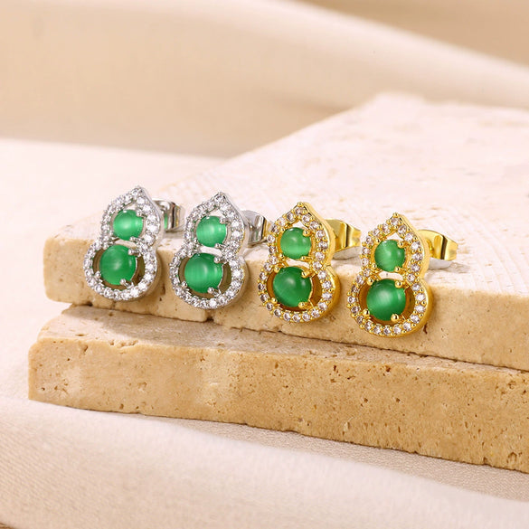 Light Luxury Green Gem Gourd Open Ring For Women Stainless Steel Electroplated