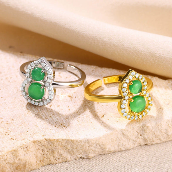 Light Luxury Green Gem Gourd Open Ring For Women Stainless Steel Electroplated
