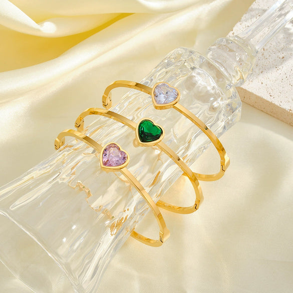 Light Luxury Heart Shaped Stainless Steel Bracelet With Rhinestone Accents And 18K Gold Vacuum Plating For Women