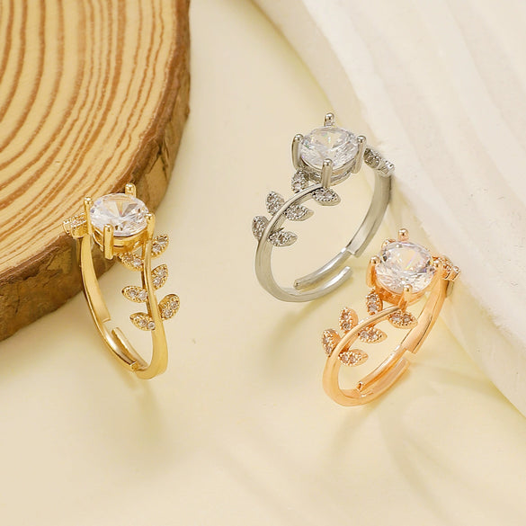Light Luxury Highend Copper Zirconium Ring With Leaf Pattern For Women