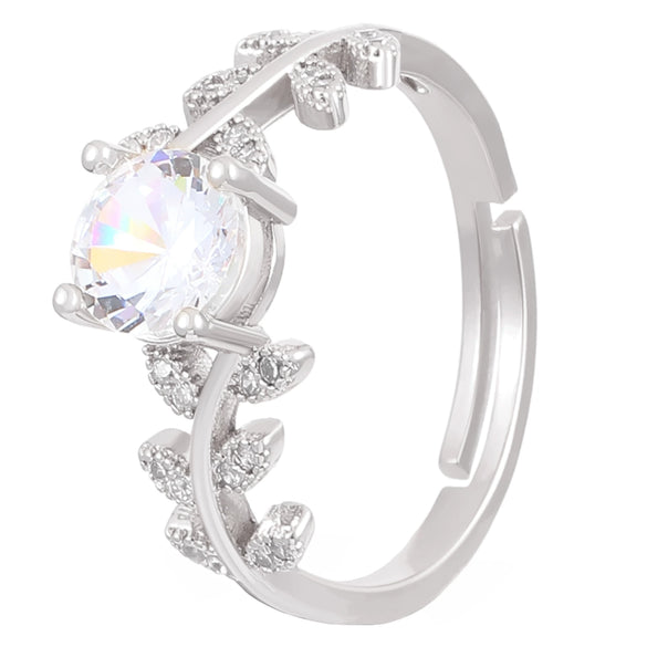 Light Luxury Highend Copper Zirconium Ring With Leaf Pattern For Women