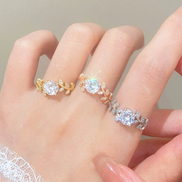 Light Luxury Highend Copper Zirconium Ring With Leaf Pattern For Women