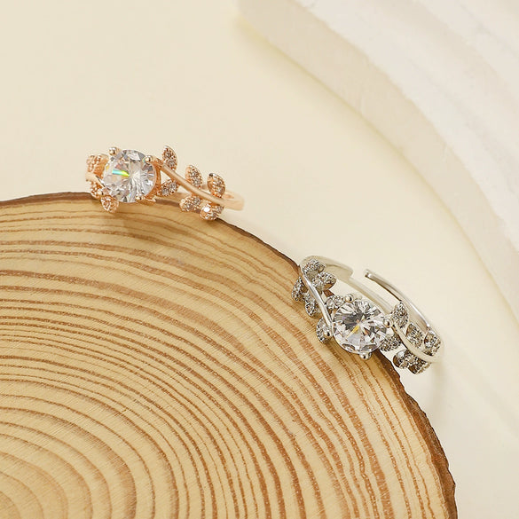 Light Luxury Highend Copper Zirconium Ring With Leaf Pattern For Women