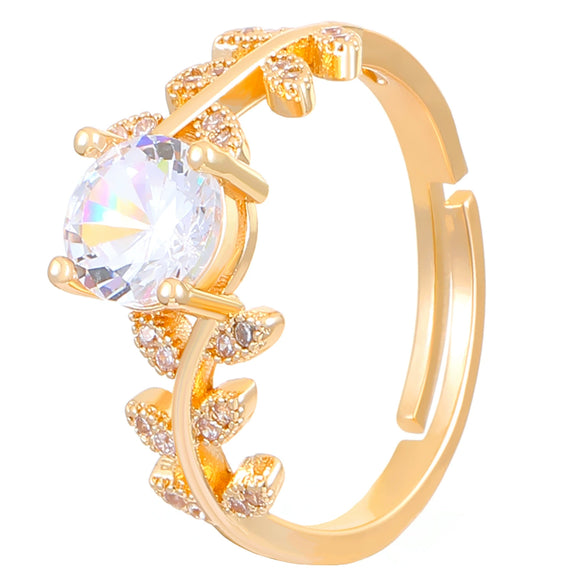 Light Luxury Highend Copper Zirconium Ring With Leaf Pattern For Women