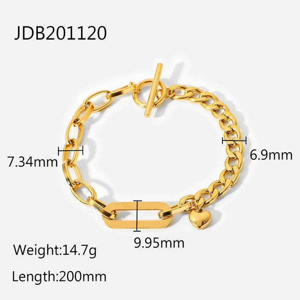 Light Luxury Highend Stainless Steel Bracelet For Women With Geometric Shape Heart Splicing And Electroplating 18K Cuban Chain Oval Chain Ot Clasp