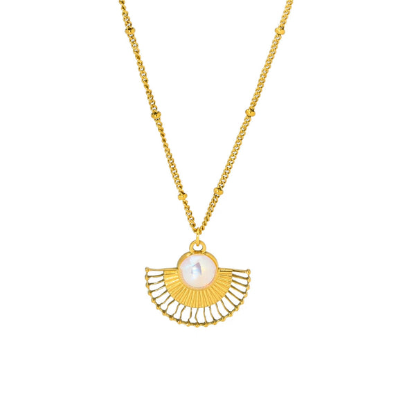 Light Luxury Inlaid Pearl Fanshaped Stainless Steel Earrings And Necklace With Electroplating Treatment For Women
