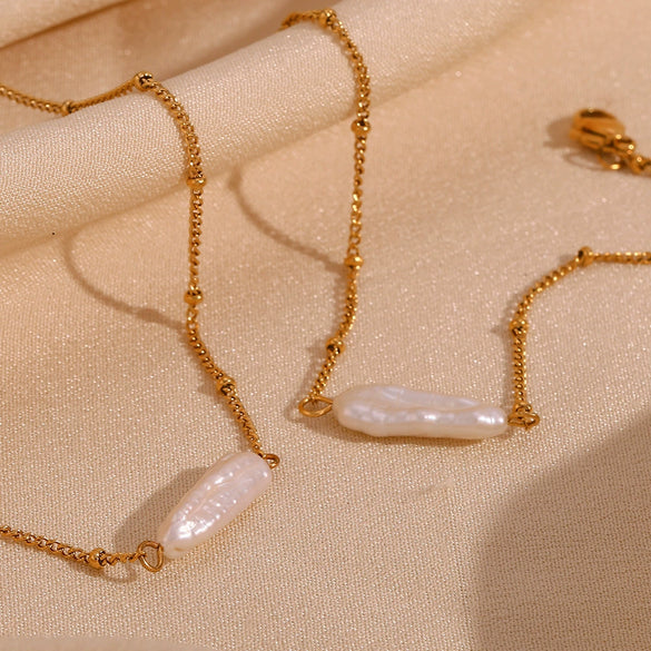 Light Luxury Internet Celebrity Women's Bracelet Set With Baroque Pearl Pendant Necklace Stainless Steel Electroplated Geometric Style