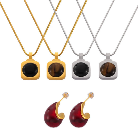 Light Luxury Jewelry Suit 316L Stainless Steel Inlaid With Tiger Eye Stone Retro Style Electroplating
