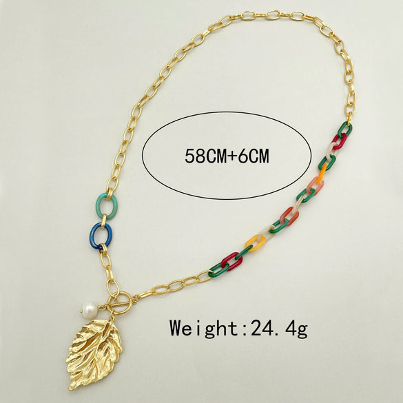 Light Luxury Leaves Pearl Pendant Stainless Steel Necklace Handmade With Acrylic Splicing And 14K Gold Electroplating