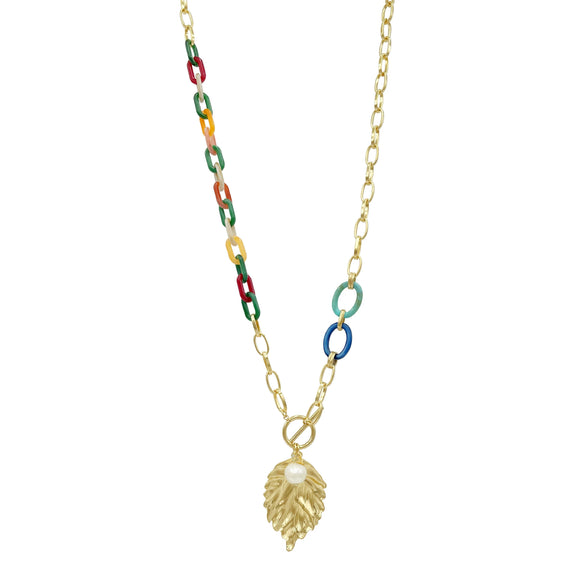 Light Luxury Leaves Pearl Pendant Stainless Steel Necklace Handmade With Acrylic Splicing And 14K Gold Electroplating