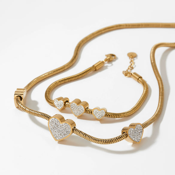 Light Luxury Love Heart Women's Jewelry Set With Stainless Steel Accessories Electroplated Bracelet And Necklace Featuring Love Water Drops And Bell Patterns