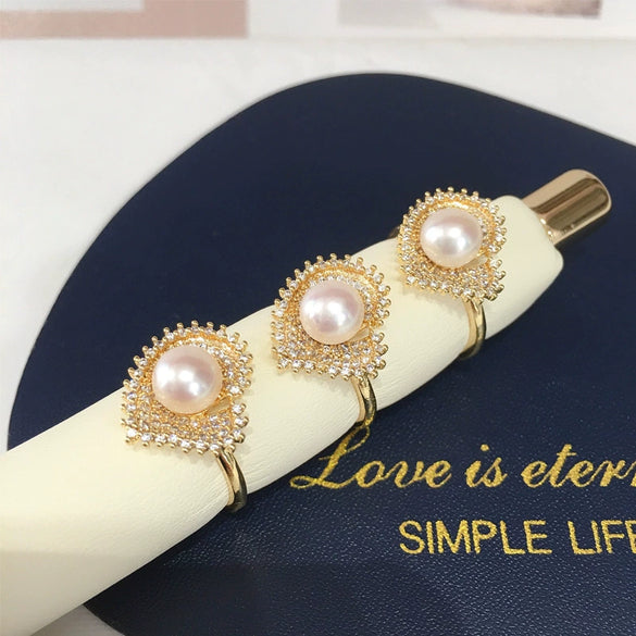 Light Luxury Microinlaid Zircon Freshwater Pearl Peach Heart Ring Copper Material Women's Style