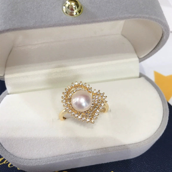 Light Luxury Microinlaid Zircon Freshwater Pearl Peach Heart Ring Copper Material Women's Style