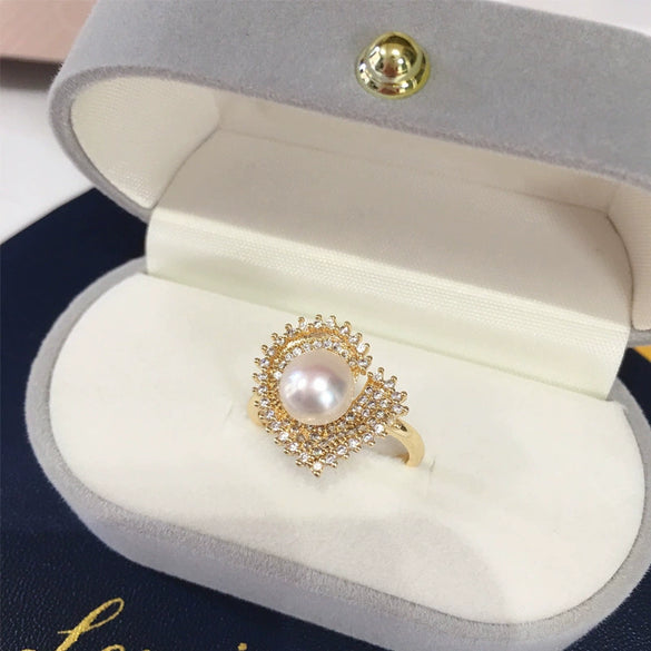 Light Luxury Microinlaid Zircon Freshwater Pearl Peach Heart Ring Copper Material Women's Style