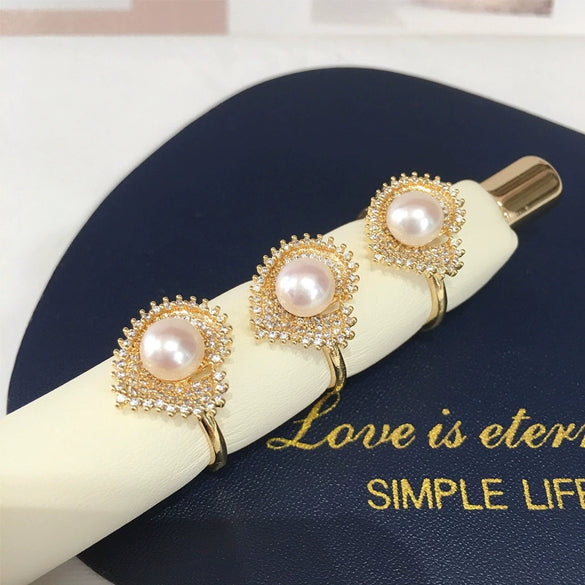 Light Luxury Microinlaid Zircon Freshwater Pearl Peach Heart Ring Copper Material Women's Style