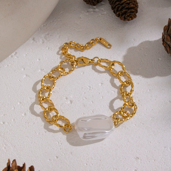 Light Luxury Minimalist Geometric Handmade Stainless Steel Real Gold Plated Pearl Bracelet For Women