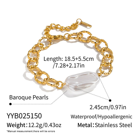 Light Luxury Minimalist Geometric Handmade Stainless Steel Real Gold Plated Pearl Bracelet For Women