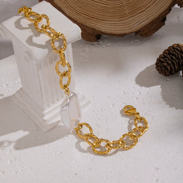 Light Luxury Minimalist Geometric Handmade Stainless Steel Real Gold Plated Pearl Bracelet For Women
