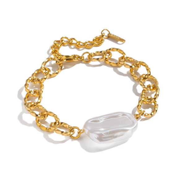 Light Luxury Minimalist Geometric Handmade Stainless Steel Real Gold Plated Pearl Bracelet For Women