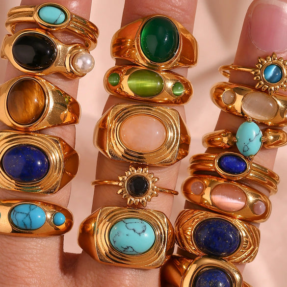 Light Luxury Natural Stone Titanium Steel Geometric Ring Stainless Steel Gold Plated Electroplating Jewelry For Women