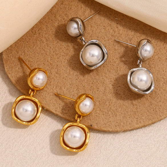 Light Luxury New Ear Jewelry For Women Stainless Steel Geometric Pearl Earrings 18K Gold Plated Electroplating