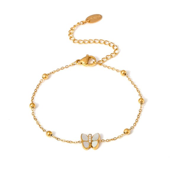 Light Luxury Niche Butterfly Bead Bracelet With Natural Fritillaria And 3A Zircon Titanium Steel Plated 18K True Gold Colorpreserving Women's Electroplated Animal Pattern