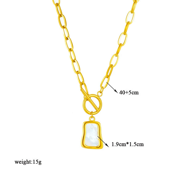 Light Luxury Niche Retro White Shell Square Pendant Titanium Steel Necklace Electroplated For Women Short Sweater Chain All Match Cold Style