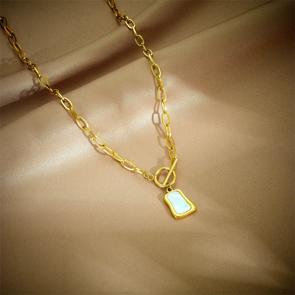 Light Luxury Niche Retro White Shell Square Pendant Titanium Steel Necklace Electroplated For Women Short Sweater Chain All Match Cold Style