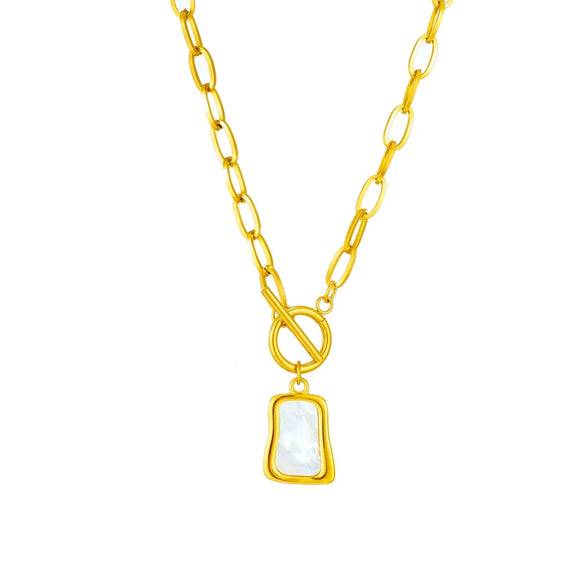 Light Luxury Niche Retro White Shell Square Pendant Titanium Steel Necklace Electroplated For Women Short Sweater Chain All Match Cold Style