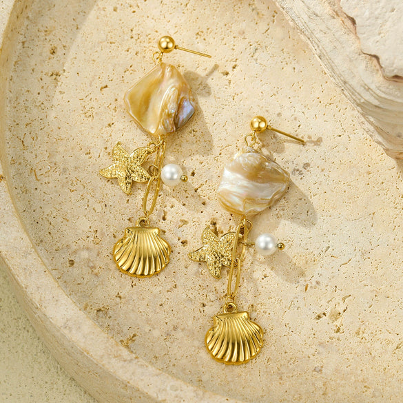 Light Luxury Ocean Style Stainless Steel Earrings With Shell Starfish Pendant And Tassel Pearl For Women Electroplating Treatment