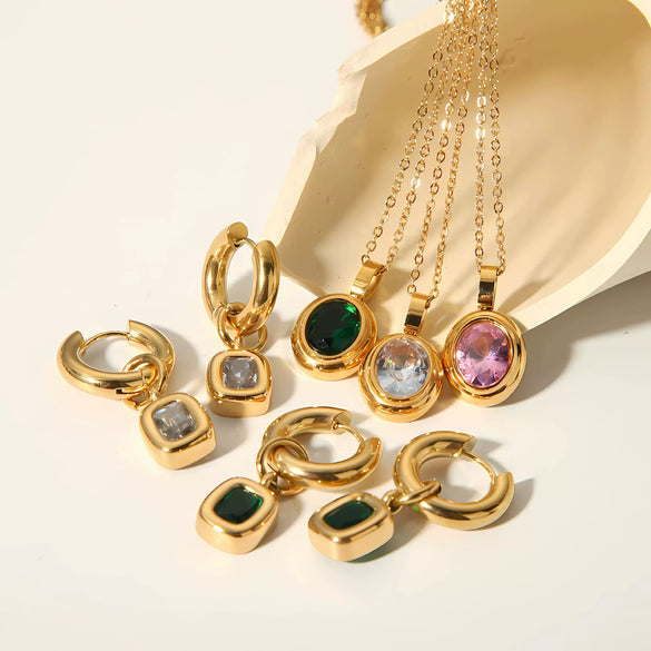 Light Luxury Oval Zircon Stainless Steel Necklace Earrings With Geometric Design And Electroplating