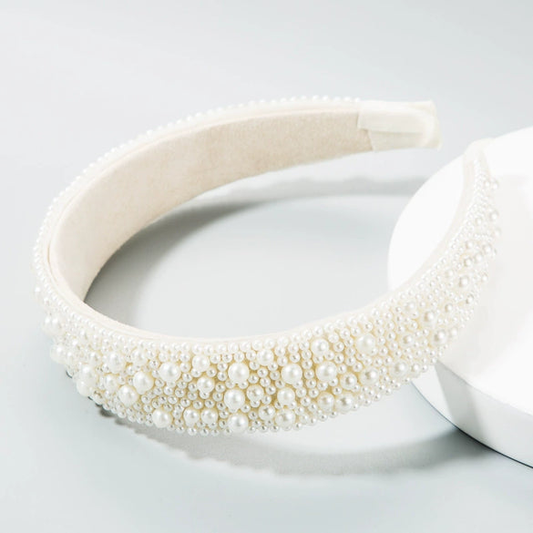 Light Luxury Pearl Headband For Women Handmade Vintage Wide Brim Hair Accessory Bride Headwear