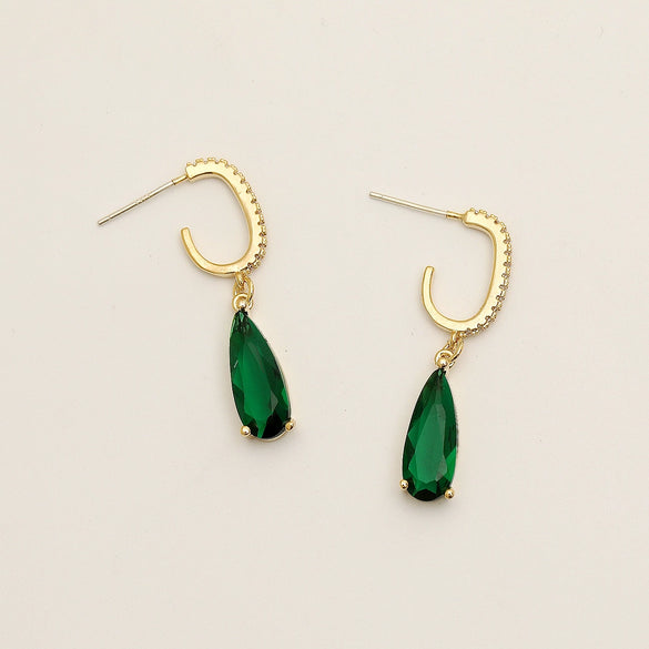 Light Luxury Retro Drop Shape Metal Earrings For Women With Electroplated Geometric Design And Green Accent
