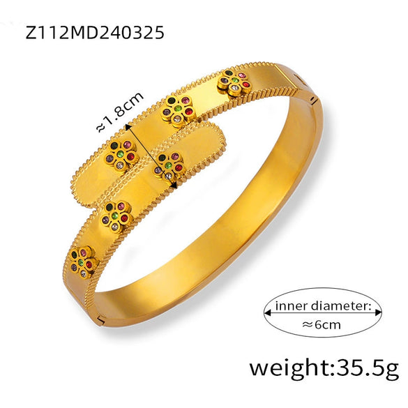 Light Luxury Retro Fashion 316L Stainless Steel Gold Plated Diamond Enamel Glaze Hollow Bracelet Jewelry