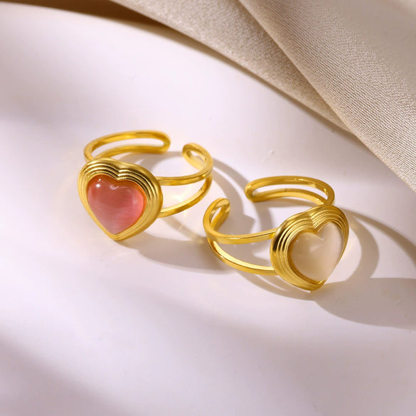 Light Luxury Retro Stainless Steel Heart Pendant Ring Electroplated Vintage Wave Style