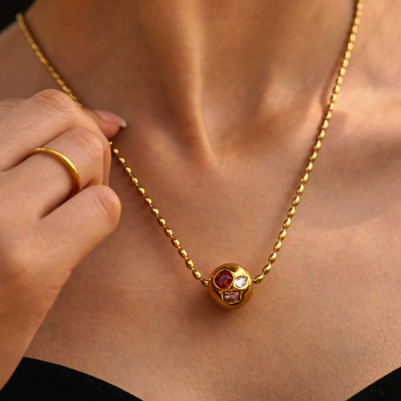 Light Luxury Round Ball Inlaid Colorful Zircon Beads Collarbone Necklace Stainless Steel Geometric Electroplated Jewelry
