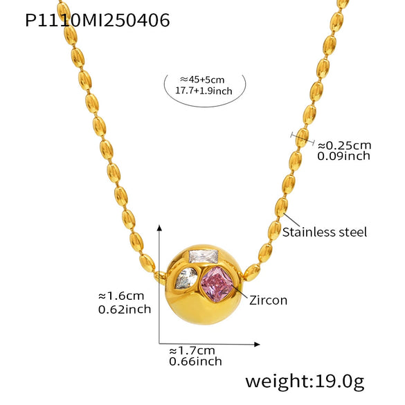 Light Luxury Round Ball Inlaid Colorful Zircon Beads Collarbone Necklace Stainless Steel Geometric Electroplated Jewelry
