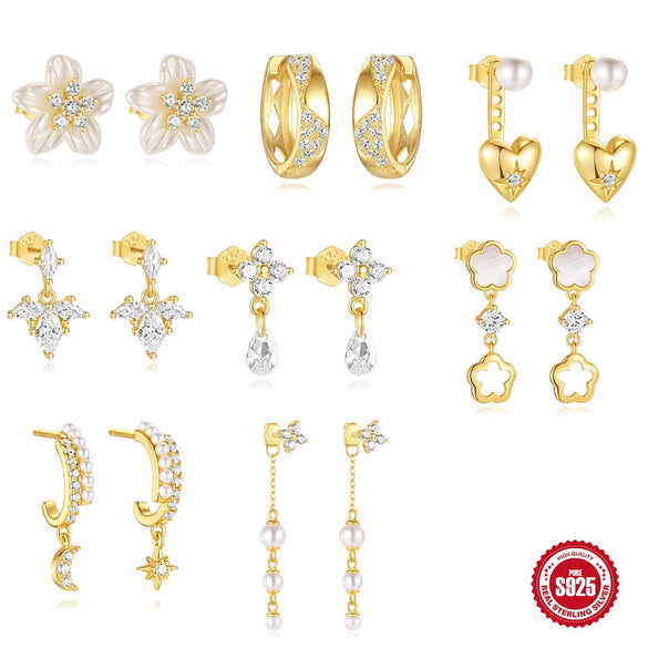 Light Luxury S925 Silver Fourleaf Clover Water Drop Pearl Zircon Allmatch Stacked Earrings