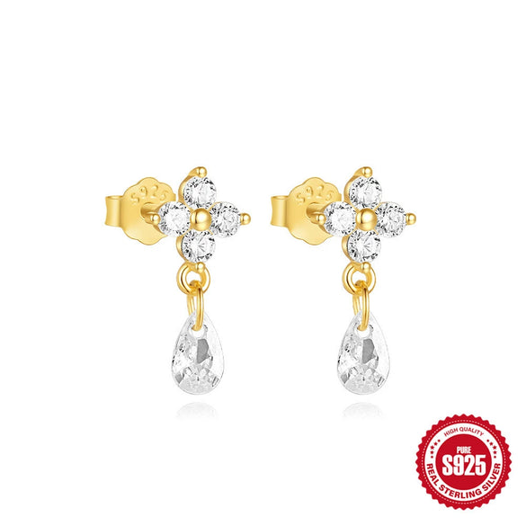 Light Luxury S925 Silver Fourleaf Clover Water Drop Pearl Zircon Allmatch Stacked Earrings