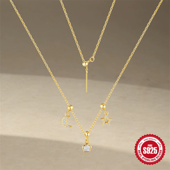 Light Luxury S925 Sterling Silver Floral Star Moon Element Geometric Elegant Collarbone Necklace With Zirconia For Women