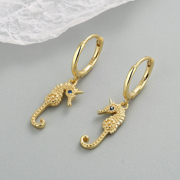 Light Luxury Seahorse Shaped Sterling Silver Earrings With Electroplated Geometric Design Fashion All Match Jewelry