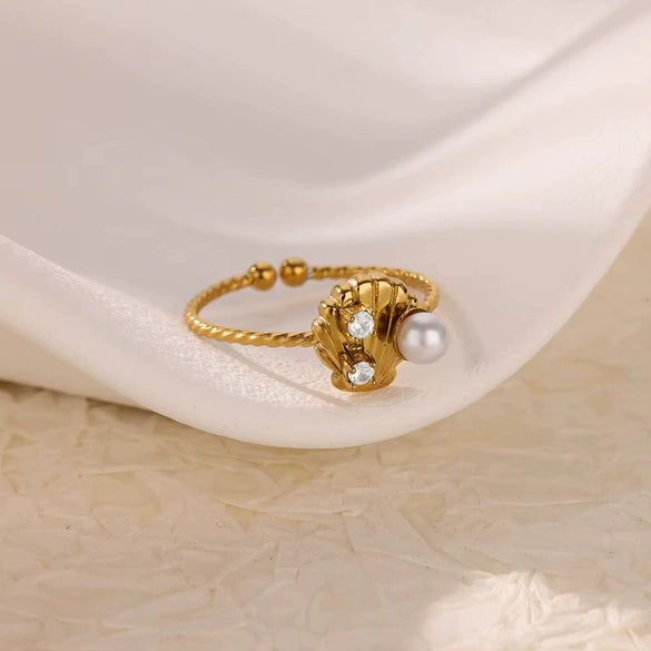 Light Luxury Simple Opening Ring Imitation Pearl Stainless Steel Geometric Set With Diamonds For Women